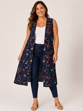FRUMOS 3XL Navy Floral Long Duster Vest Open Front Boho Cardigan USA